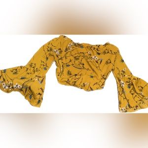 Off The Shoulder Tropical Yellow Floral Loose Crop Top with Flowy Bell Sleeves